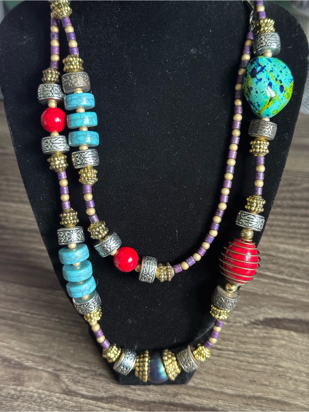Talbots Vintage Chunky Boho Beaded Statement Necklace Turquoise Red 18 inches
